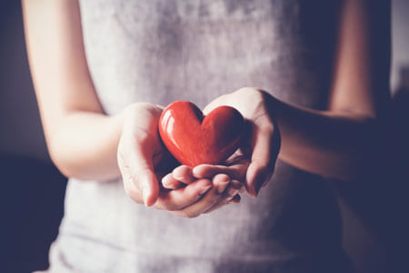 female hands holding little red heart ornament