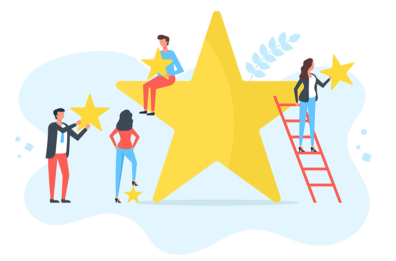 Customer satisfaction, client choice, rate app, rating stars, feedback concepts. People holding yellow stars. Modern flat design. Vector illustration