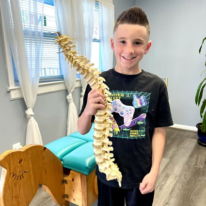 Boy holding a 3d model of a spine