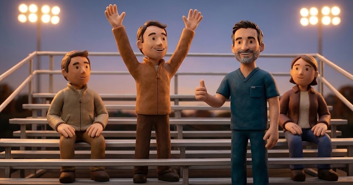 Claymation-style illustration of Dr. Vezendy standing beside high school bleachers on a fall evening while a parent stands up and stretches both arms overhead