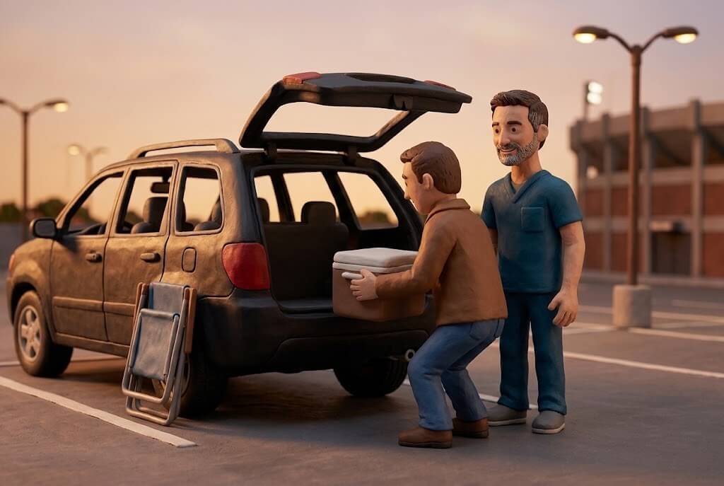 Claymation-style illustration of a parent bending at the knees to lift a cooler into the back of an SUV in a stadium parking lot while Dr. Vezendy stands beside them