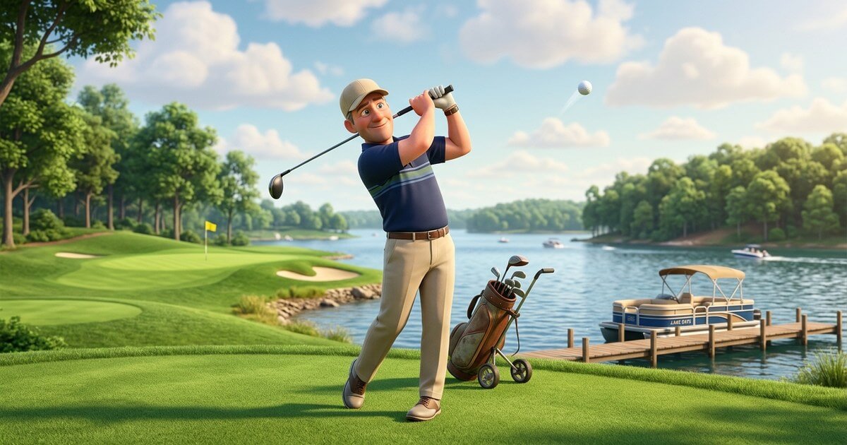 Golfer mid-swing on a course beside Lake Norman, with a pontoon boat tied at a dock behind him