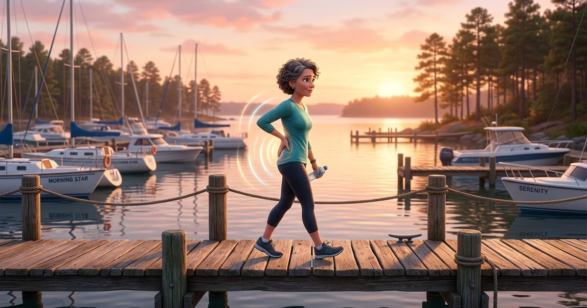 Active woman walking a Lake Norman marina boardwalk at sunrise with one hand on her lower back