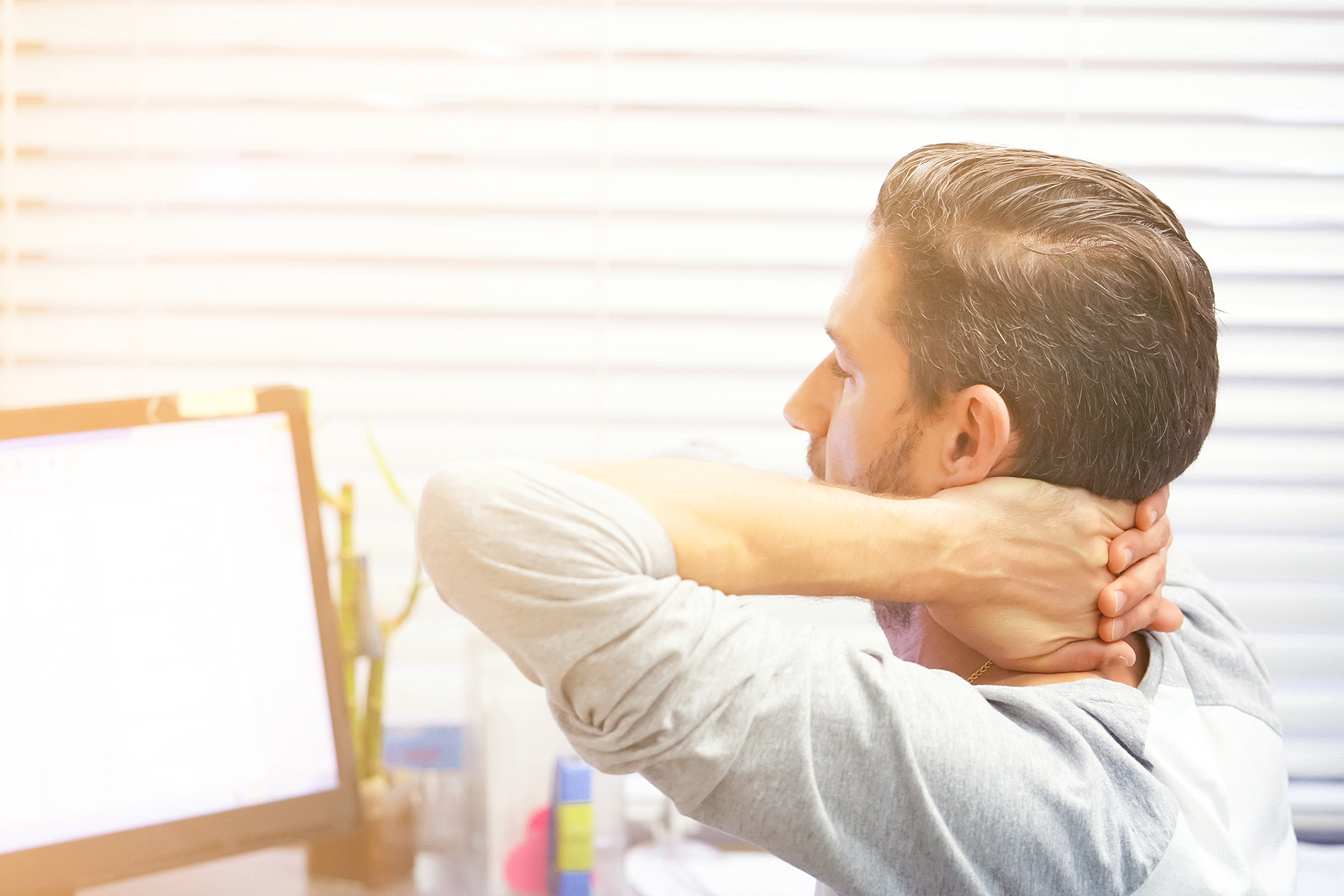 Office Worker Male Suffering From Neck Pain. Male Feeling Tired,