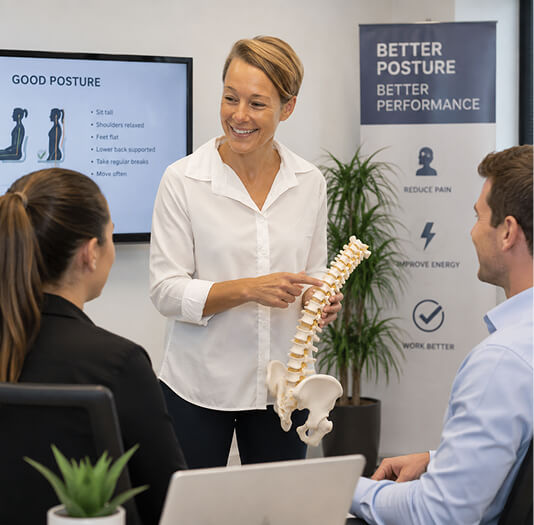 Chiropractor showing spine model
