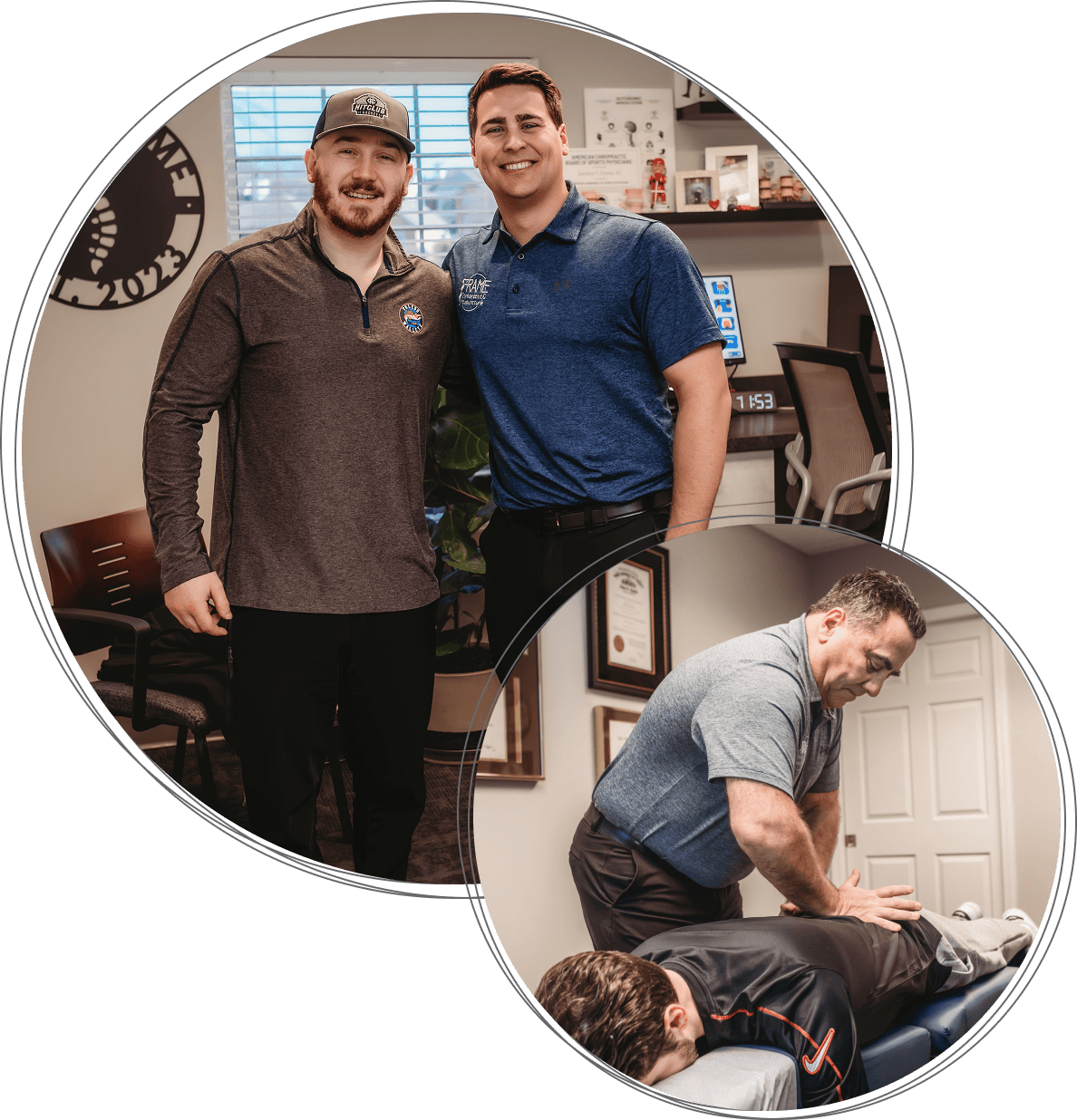 Photo collage of patients interacting with Frame Chiropractic and Acupuncture staff