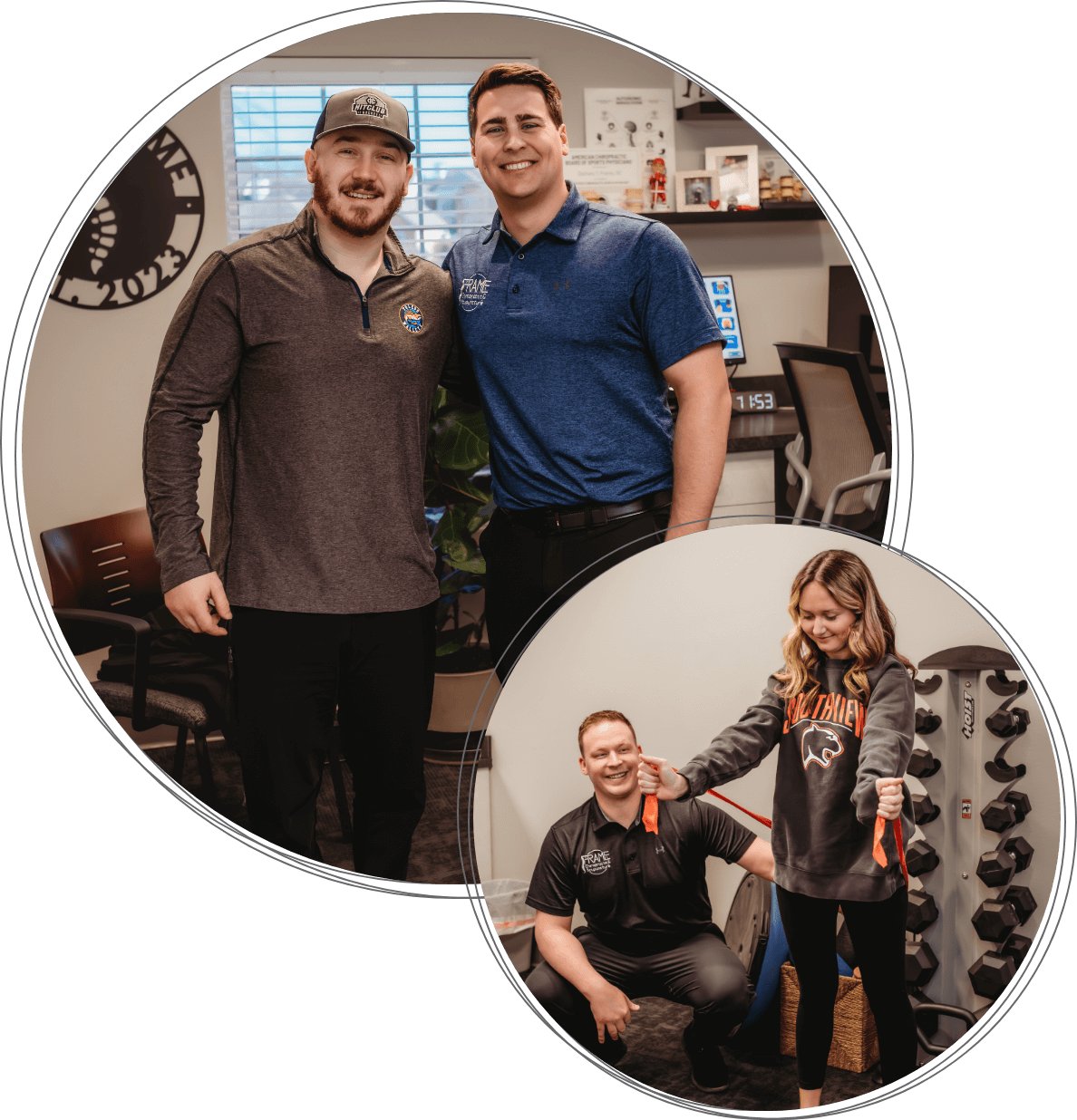 Photo collage of patients interacting with Frame Chiropractic and Acupuncture staff