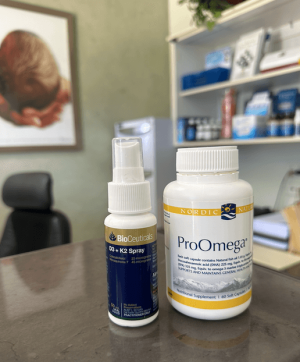 At Be Healthy Chiropractic Wellness Centre we recommend Bioceuticals D3 + K2 mouth spray and Nordic Naturals Pro Omega Fish Oil.