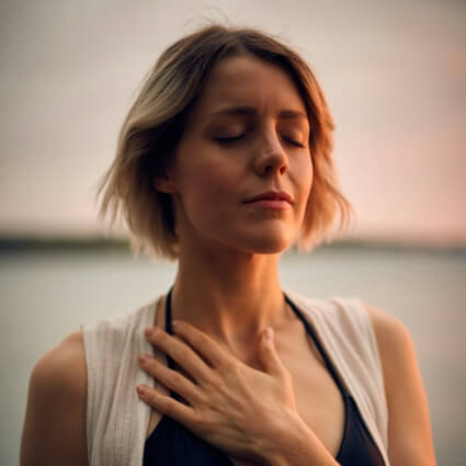 calm woman with her hand on her chest