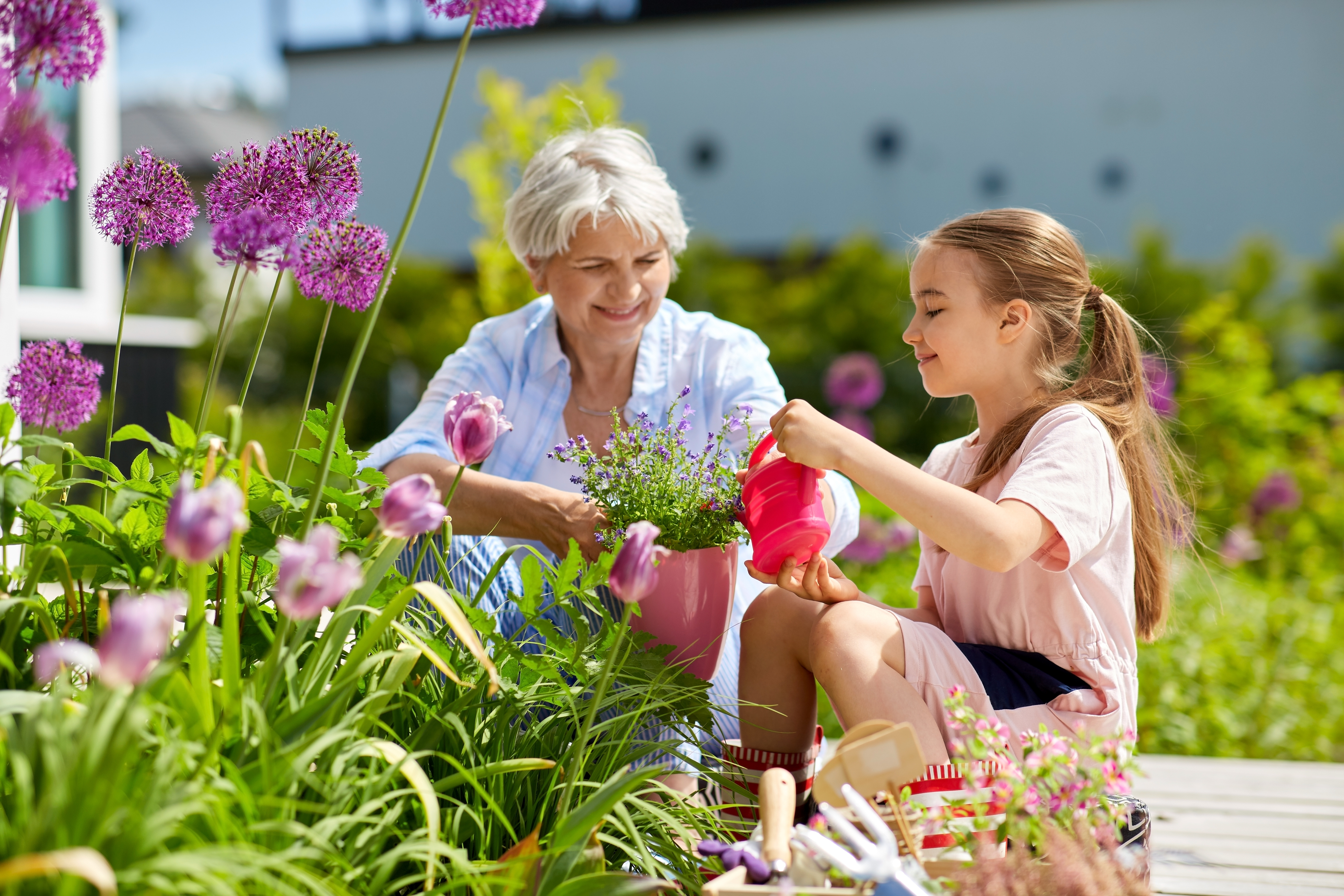 grandmother and girl planting flowers at garden