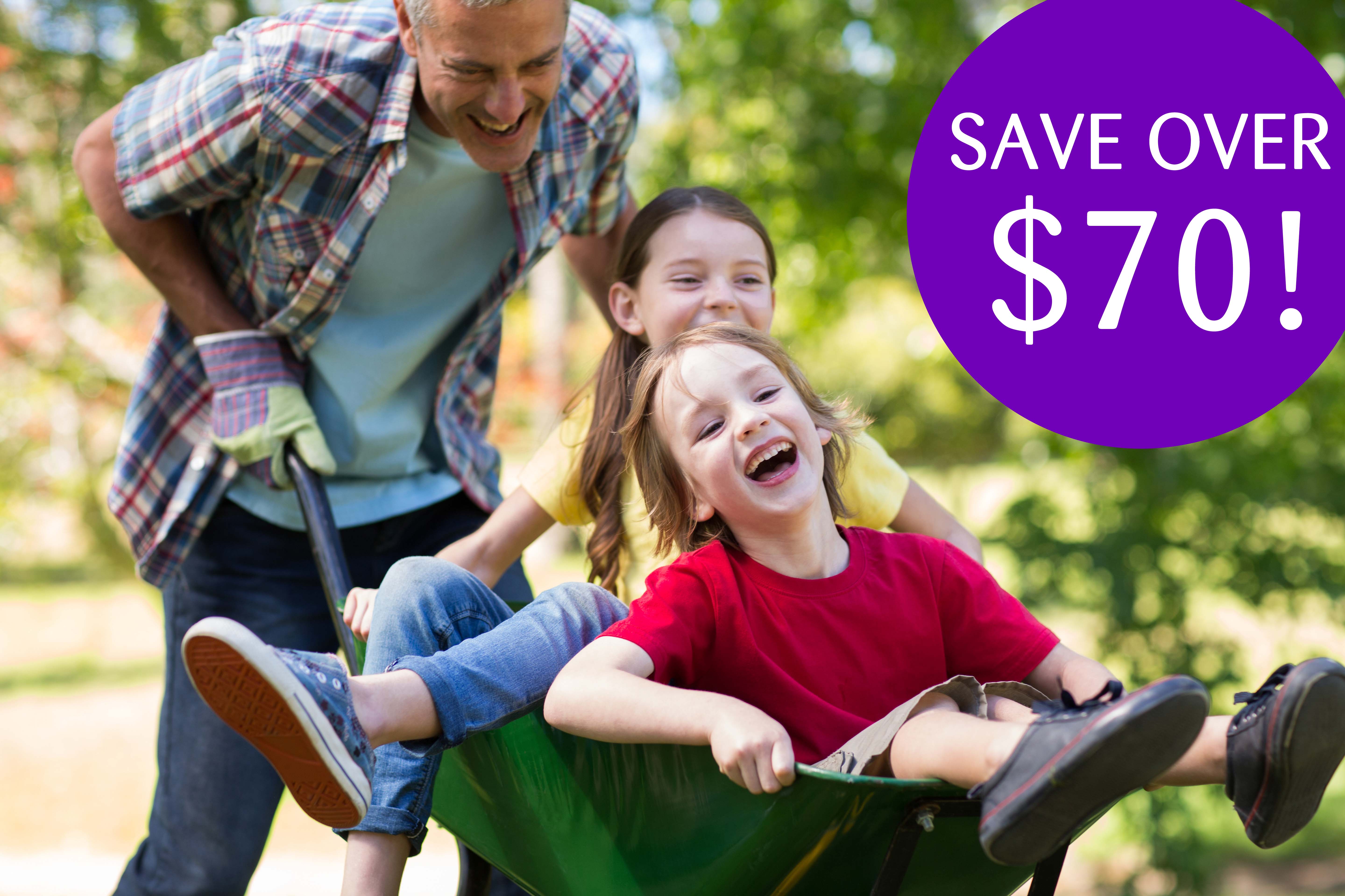 Happy father and his children playing with a wheelbarrow