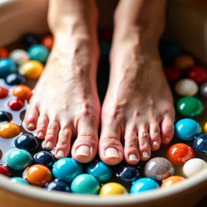 feet on colorful balls