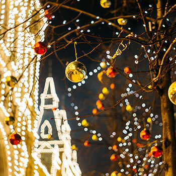 winter lights and ornaments on a tree