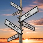 Life balance choices signpost, with sunrise sky backgrounds