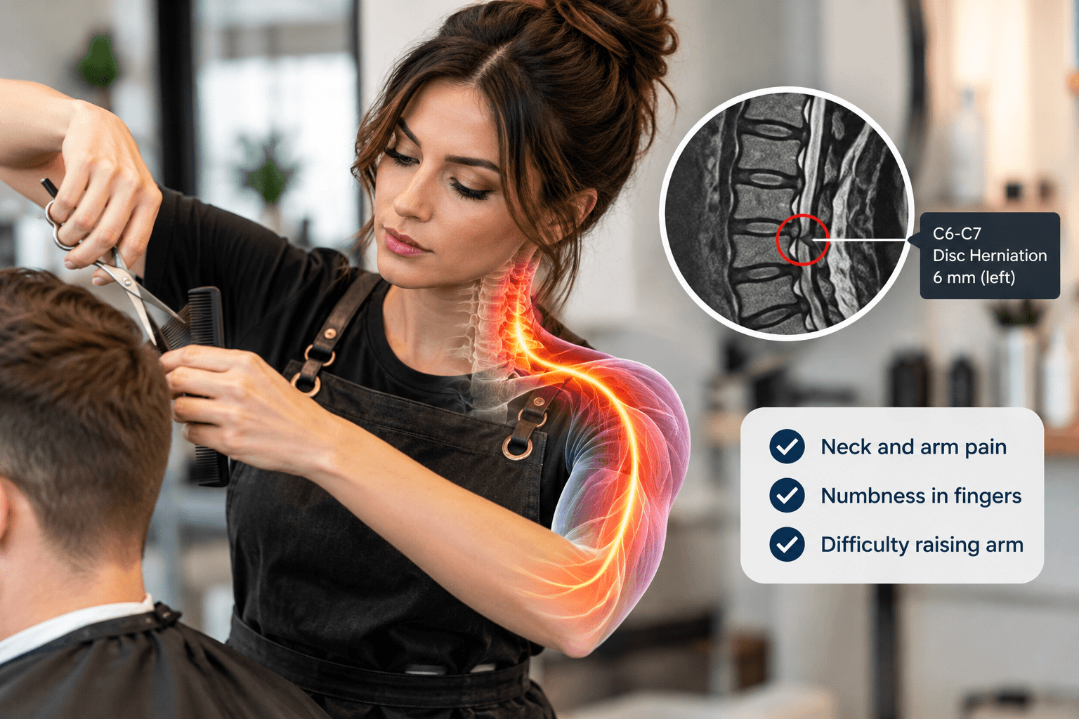 Illustration of a female barber with C6-C7 disc herniation and radiating neck and left arm pain