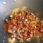 Adding spices and frying the mixture of meat and vegetables