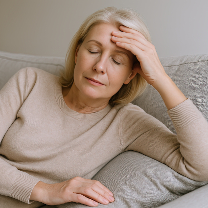 Woman sitting on a couch looking fatigued
