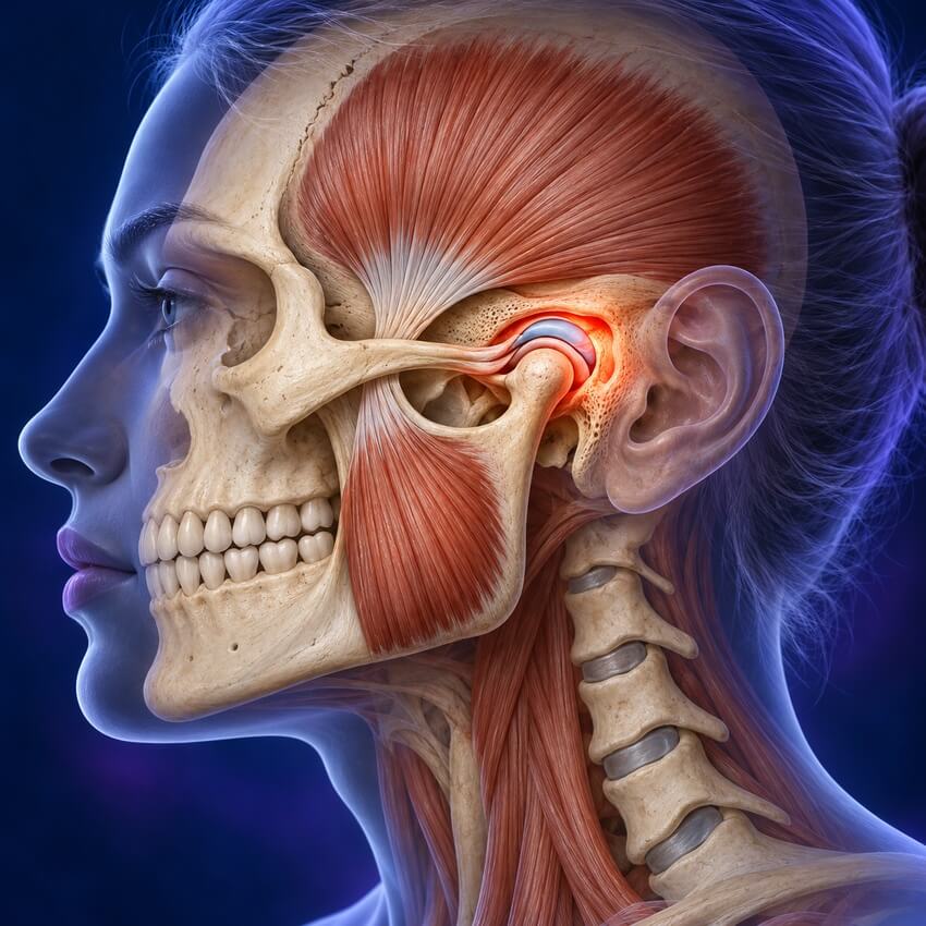 Illustration of the side of the head showing the jaw joint, its disc and the chewing muscles with inflammation at the TMJ