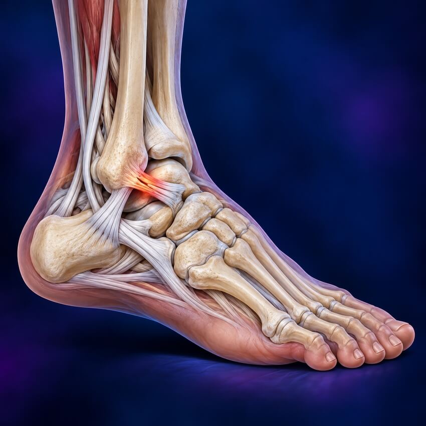 Illustration of the ankle and foot bones and ligaments with inflammation at a sprained ankle ligament