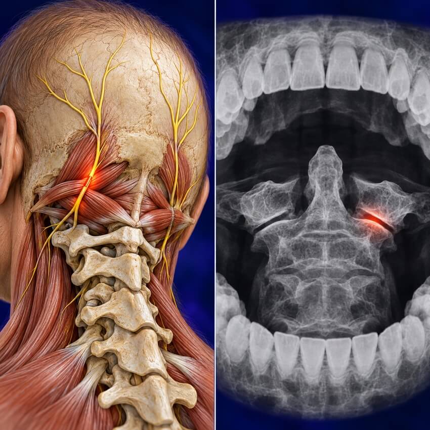 Illustration of the occipital nerves at the base of the skull and an example open-mouth (APOM) X-ray of the atlas and axis