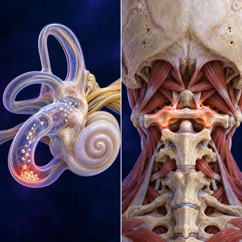 Illustration of the inner ear balance canals with loose crystals and the atlas (C1) vertebra at the top of the neck