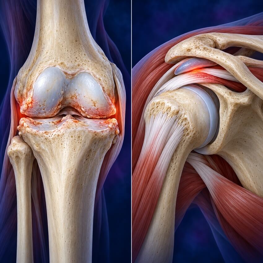 Illustration of an arthritic knee joint with worn cartilage and an inflamed shoulder tendon and bursa