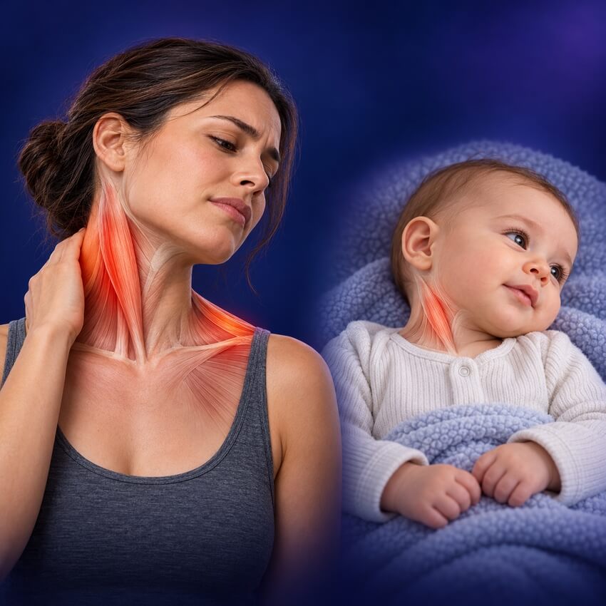 Woman holding a stiff, tense neck and an infant with a head tilt, with the tight neck muscles highlighted