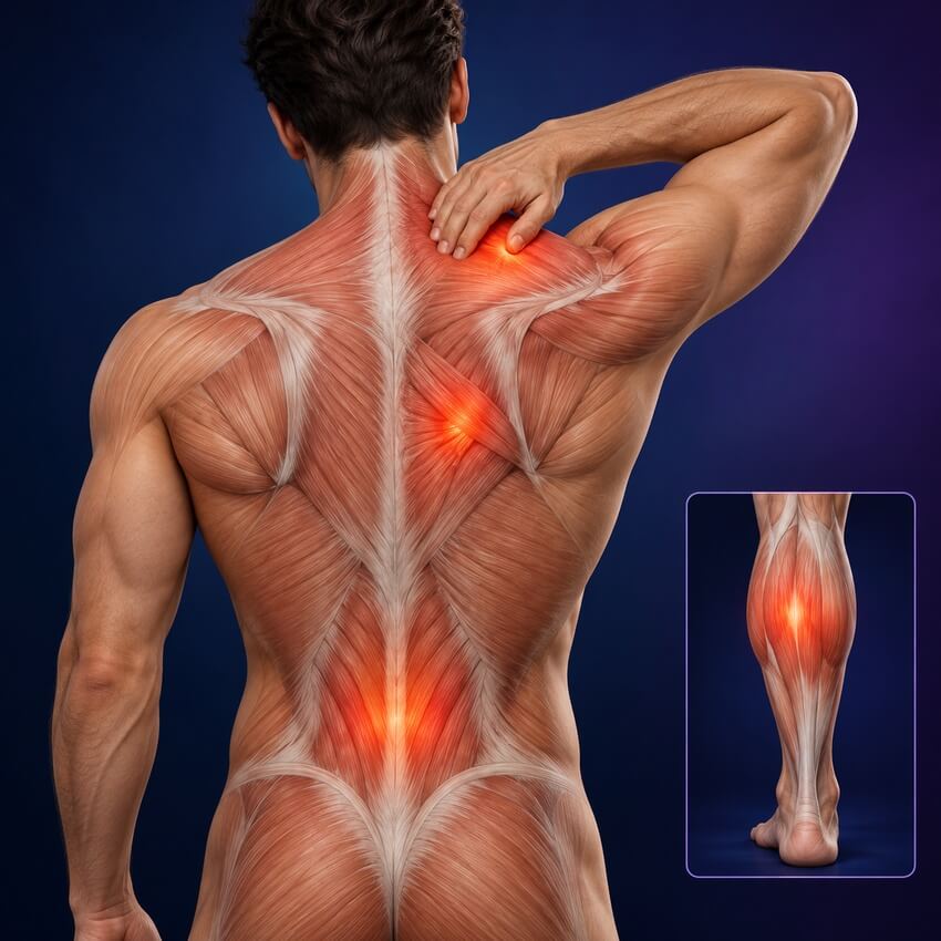Back muscles with tight knots highlighted in the shoulder, mid back and low back, with an inset of a cramping calf muscle