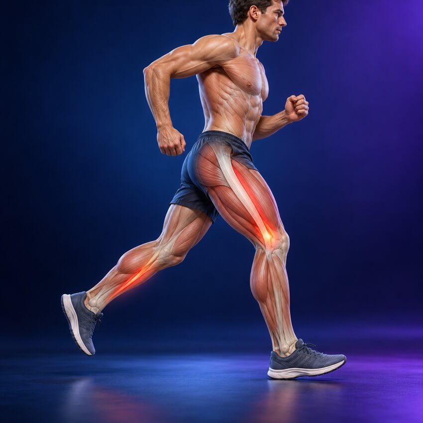 Runner mid-stride with the inner shin and the IT band along the outer thigh and knee highlighted