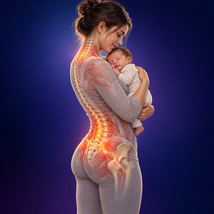 New mother holding her sleeping newborn, with the neck, low back and pelvis highlighted