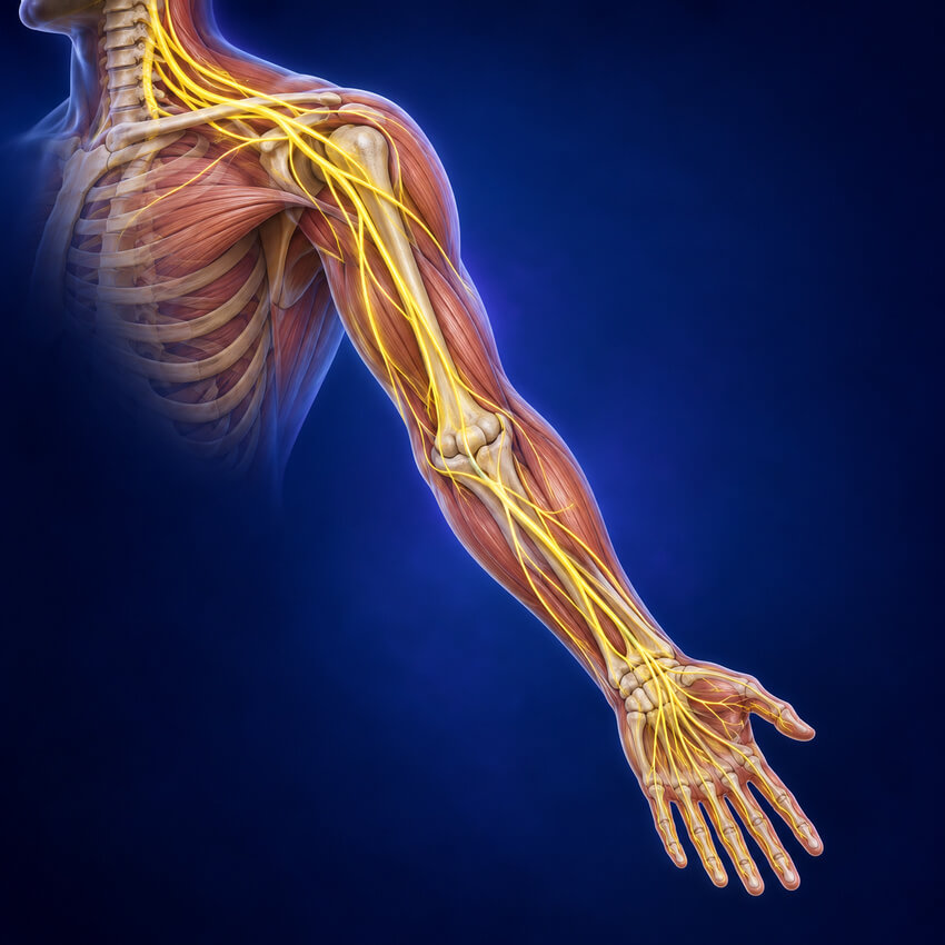Illustration of nerves running from the neck through the shoulder, elbow and wrist into the hand