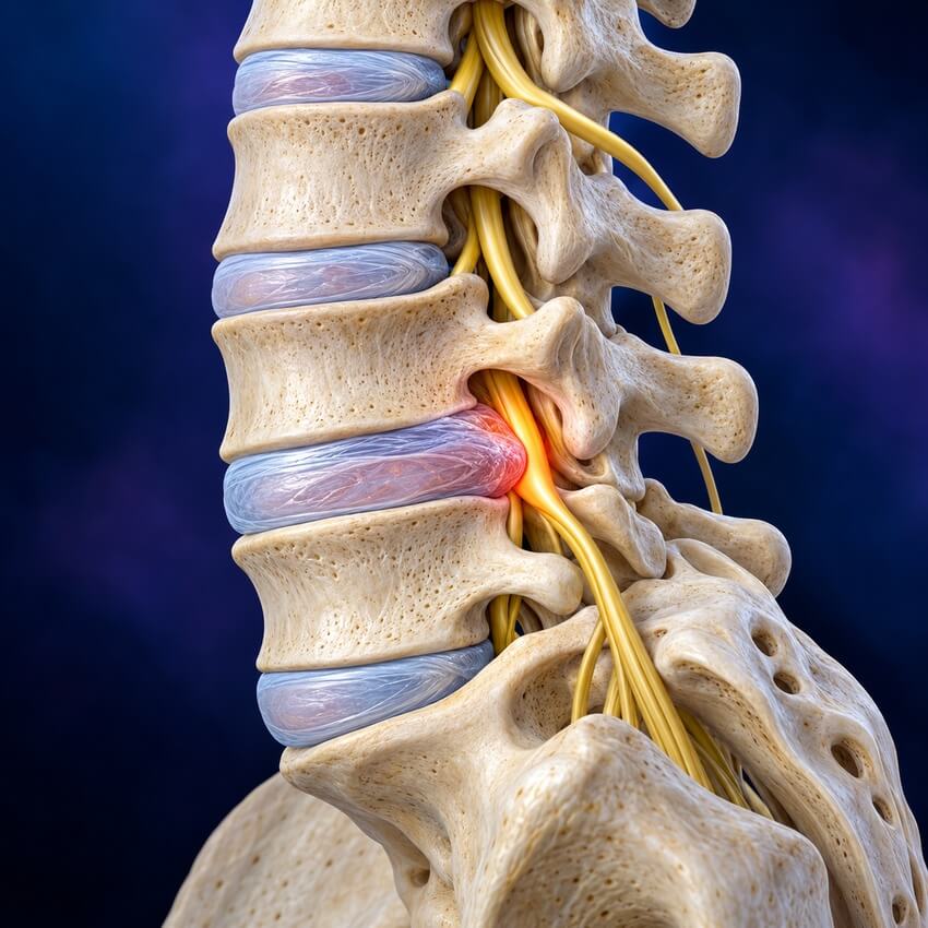 Illustration of the lower spine with a bulging lumbar disc pressing on a spinal nerve root