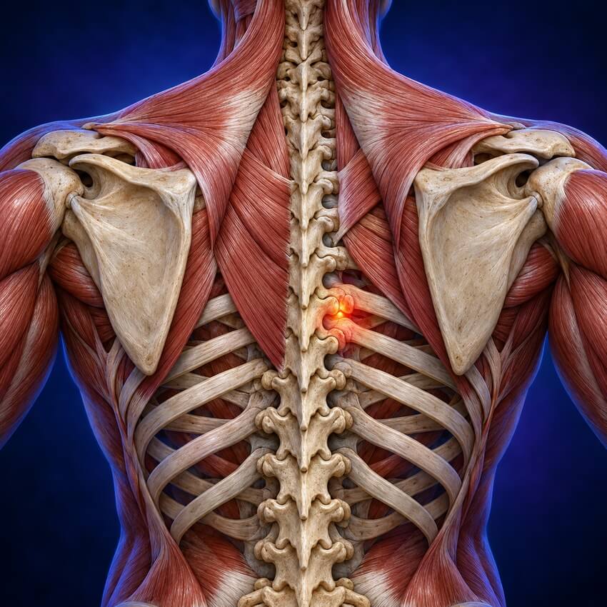 Illustration of the upper back showing the thoracic spine, ribs and shoulder blades with inflammation where a rib meets the spine