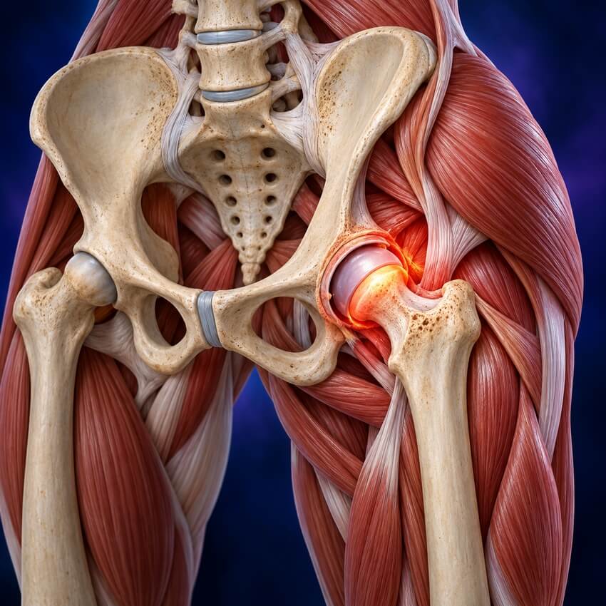 Illustration of the pelvis and hip joint with inflammation at the ball-and-socket joint