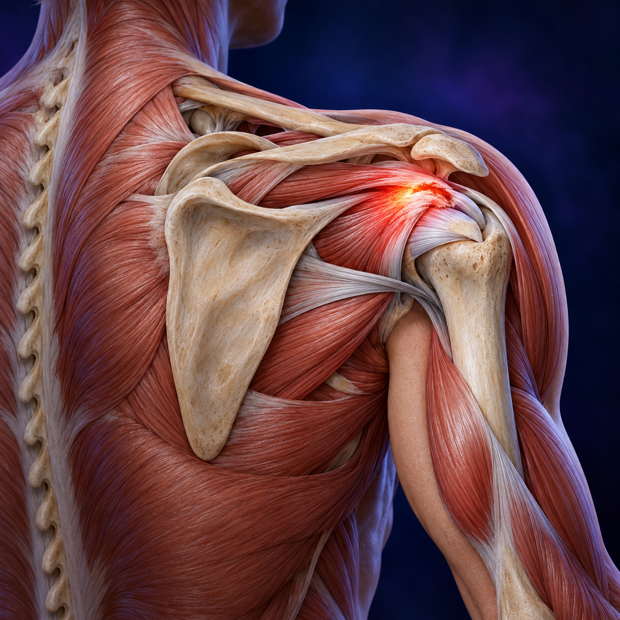 Illustration of the shoulder blade, collarbone and rotator cuff muscles with inflammation over the rotator cuff