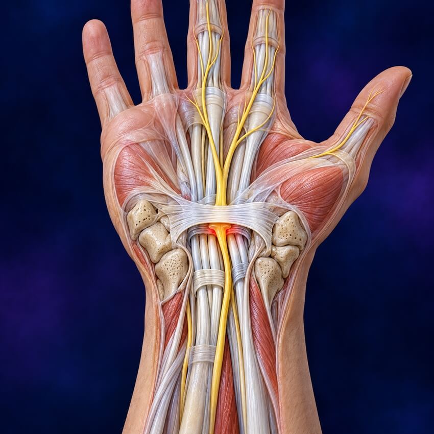 Illustration of the palm side of the wrist showing the median nerve compressed inside the carpal tunnel