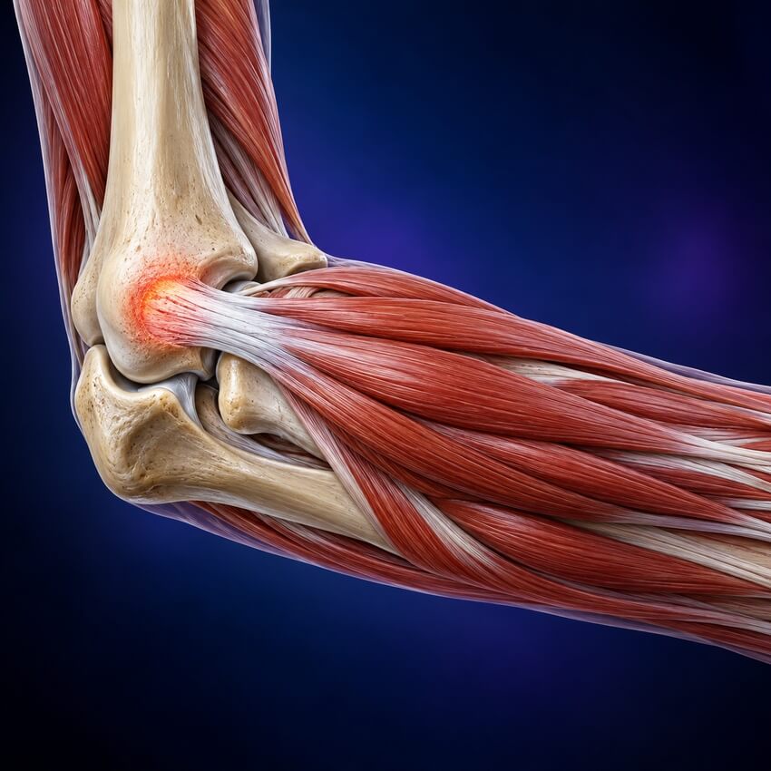 Illustration of the elbow and forearm muscles with inflammation where the tendon attaches at the outside of the elbow