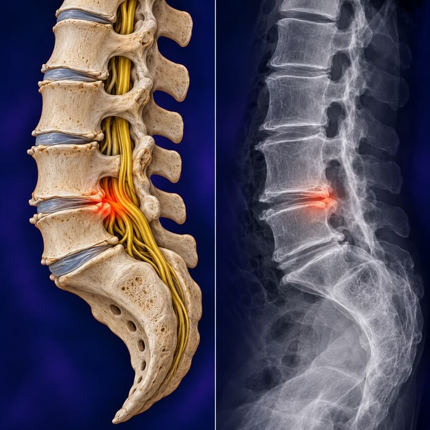 Illustration and example X-ray of the lower spine showing worn discs, bone spurs and a narrowed spinal canal pressing on the nerves
