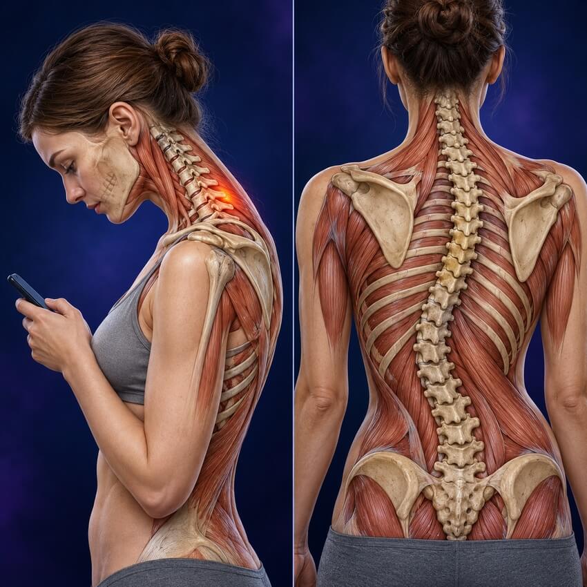 Illustration of forward head posture from phone use and a back view of the spine, ribs and shoulder blades