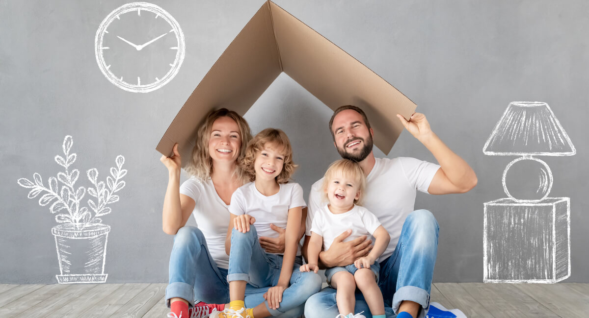 Family of four playing pretend house