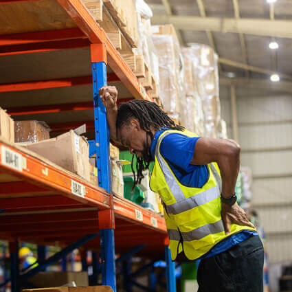 warehouse worker leaning on shelf with back pain