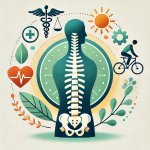 Clip art illustration of a spine with health symbols representing balance, wellness, and chiropractic care.