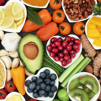 array of healthy fruits and vegestables