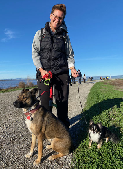 Dr. Paige hiking with Raya and Ernest at Shoreline.