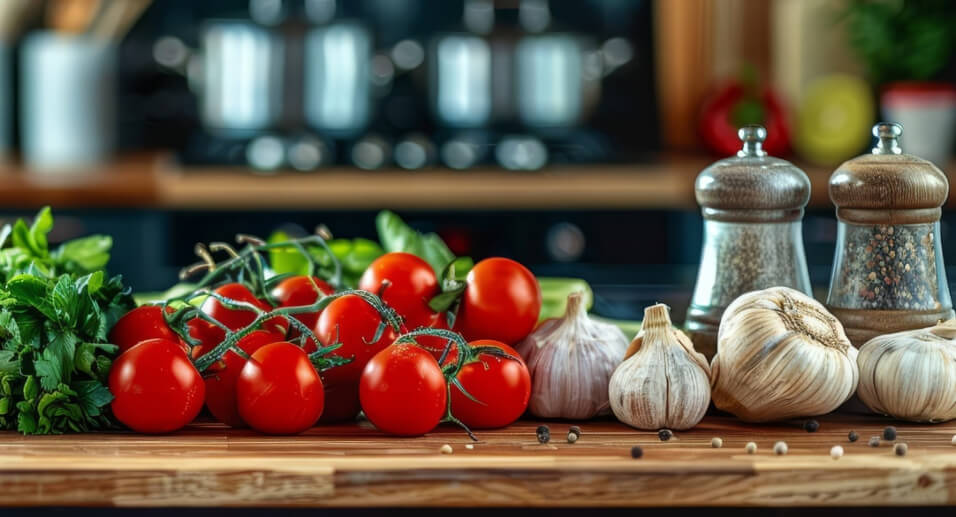 Raw garlic, pepper grinders and cocktail tomatoes