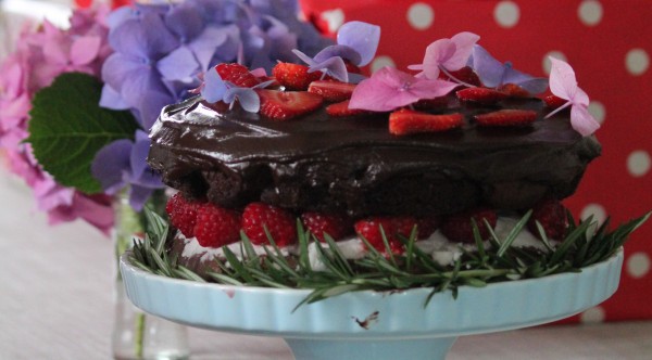 Raspberry Chocolate Torte with chocolate ganache, raspberries and coconut cream
