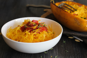 Spaghetti squash Pasta marinara served in a white bowl