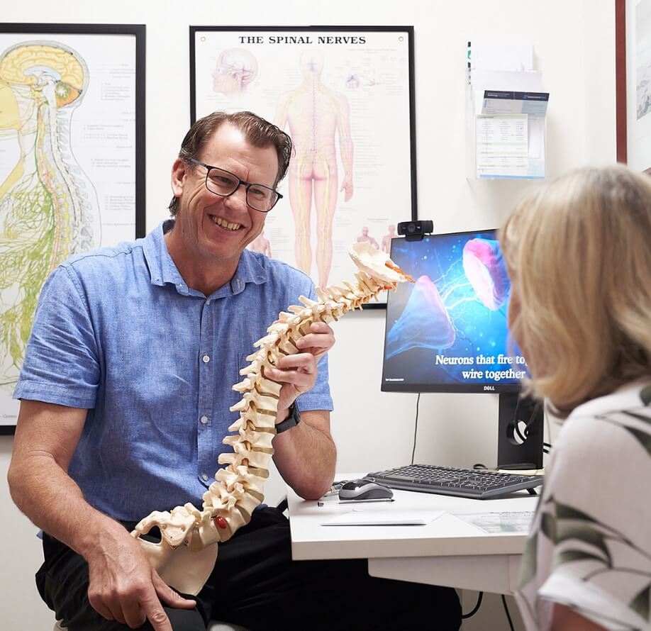 Chiropractor with spine replica