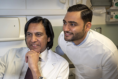 Dentists looking at computer