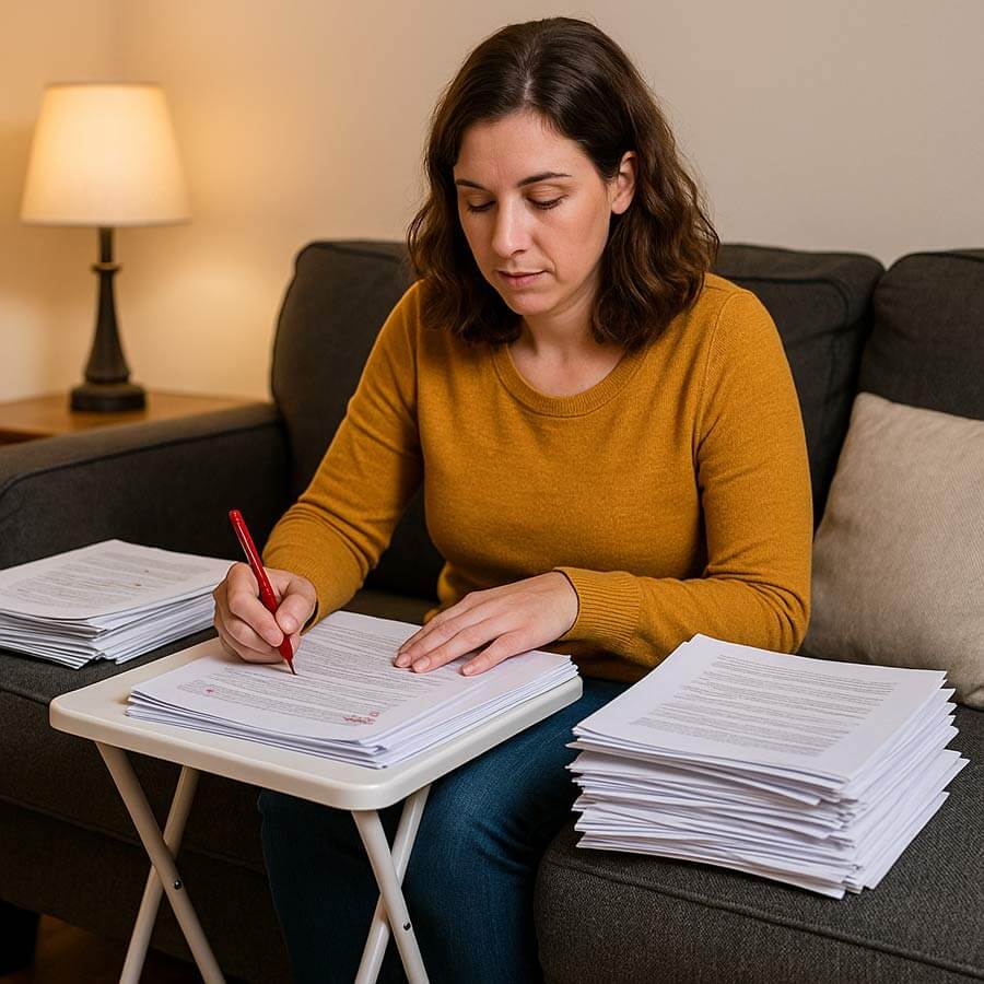 Stressed teacher grading student papers at home on a couch, highlighting the hidden toll of teaching on health.